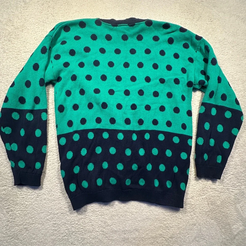 Vintage Sycamore Polka Dot Cotton Cardigan Sweater Green Navy Blue L Made in USA